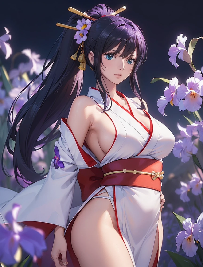 ((((Very nice smile))))、((Direct your gaze this way))、1 girl,NsfW,(one peace wanokuni edition)、((ponytail、Red ribbon on the tie)) 、((they say olobi))、((A very sexy mini kimono　dress with a large slit、(((Kimono obi)))、(((The white kimono is decorated with purple iris flowers)))、((Wearing a black haori with a red lining)),Exposed underboob)):1.2, White costume,((Short costume)),nico robin,(ONEPIECE),((Huge breasts 1.8)), clavicle, Glowing purple eyes,absurdists, brainwashing,Hollow Eyes, ((Expressionless, Emotional removal)),avert your eyes , Full body portrait, Outdoor,Dim Alley,night, (highest quality、4K、8K、High resolution、Must have:1.2)、Very detailed、(reality、It is realistic.、Realistic:1.37)、ticker、hyper HD、Studio Lighting、Ultra High Definition Paint、Sharp focus、Physically Based Rendering、Extreme Detail、Professional specifications、Vibrancy and color、Blurred、Sports portrait、landscape、Horror Style、Anime Big Tits、sf、photograph、Concept Artist、Five Fingers, Perfect body,  {{{masterpiece}}}, {{{highest quality}}}, {{Very detailed}}, {shape}, {{Very delicate and beautiful}},Improved cost performance、all roles、Canon 5D MK4でphotograph、photograph, ((((The back is surrounded by many flowers on the vast grassland、She is centered in the frontal shot、Surrounded by flowers that cover the background、they are、Illuminated by a dazzling light、Heavenly Sunshine))))、(((bright、Mr.々Various kinds、flower、Tropical flower、Flower, not grass、Surrounded by majestic flower fields、The flower&#39;s height exceeds that of the person himself、Bright Morning)))