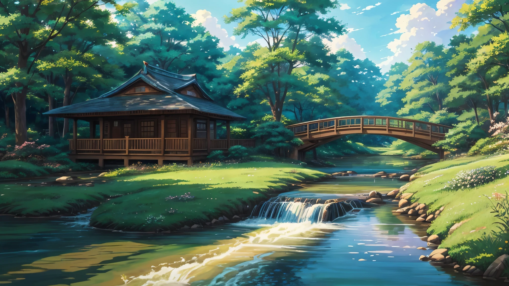 painting of a house in a forest with a bridge over a stream, cute fish swimming, bird chirping, butterfly flying, concept art inspired by Makoto Shinkai, pixiv contest winner, shin hanga, anime countryside landscape, anime background art, anime background, beautiful anime scenery, anime scenery, anime beautiful peace scene, anime landscape wallpaper, beautiful anime scene, anime landscape, anime scenery concept art, scenery artwork