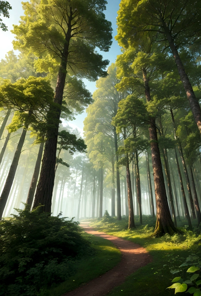 A magical green forest during the day, behind the trees above you can see a big explosion