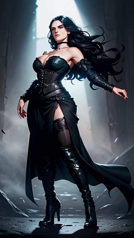 (Katie McGrath face), Generate an illustration of a young (Yennefer of Vengerberg), of Witcher 3,  hair combed to sides, layered haircut, de terno preto, long hair flows to her back, hair flows straight down, black hair, Ultrarealistic Violet eyes, both eyes are similar, (big round ), deep , Ultrarealistic juicy round , thick thighs, black Corset outfit in anime format with a serious style, ((black strapless dress)), Ruby black velvet choker, grey tights, black boots, gothic make up, masterpiece, ((dark lighting)), black background, puffy lips,slendered toned abs, beautiful face