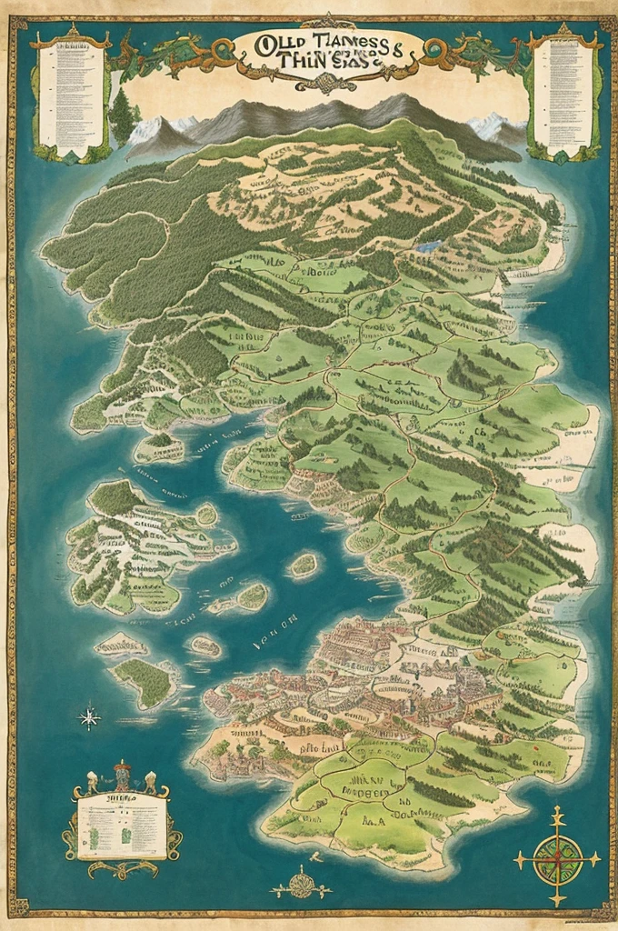 old map, fantasy style, seven cities with huts, a forest, two seas, a huge central city with castles, mountains , paths trees, distance between cities, each city separated by a river or forest, let ancient cities draw attention, vikings style