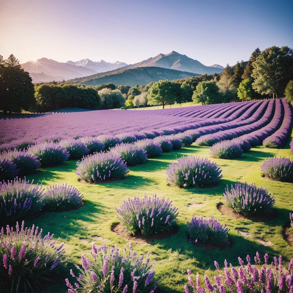 "Create an image that represents the concept of divine restoration. Showcase a vibrant and renewed landscape, with elements that suggest transformation and improvement. Include a soft celestial light that illuminates the scene, symbolizing the presence of God. a beautiful field with 1 pot of lavender planted instagram post size