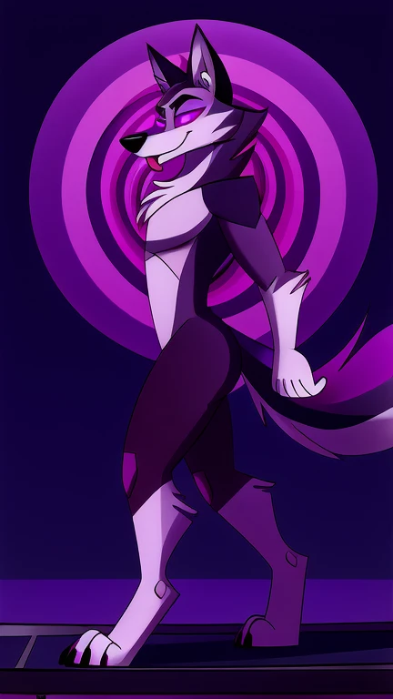 (masterpiece, best quality:1.2), Vortex hellhound, wolf, furry, helluva boss, hypnotized with completely spyral glowing purple eyes with no irises or pupils,tongue out, walking on a treadmill with arms extended in front like a sleepwalker, full body image, profile picture