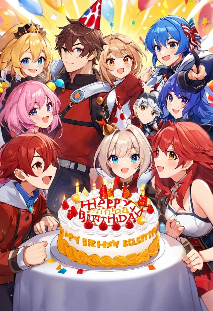 make a picture of the characters from the game Grand Chase celebrating a birthday