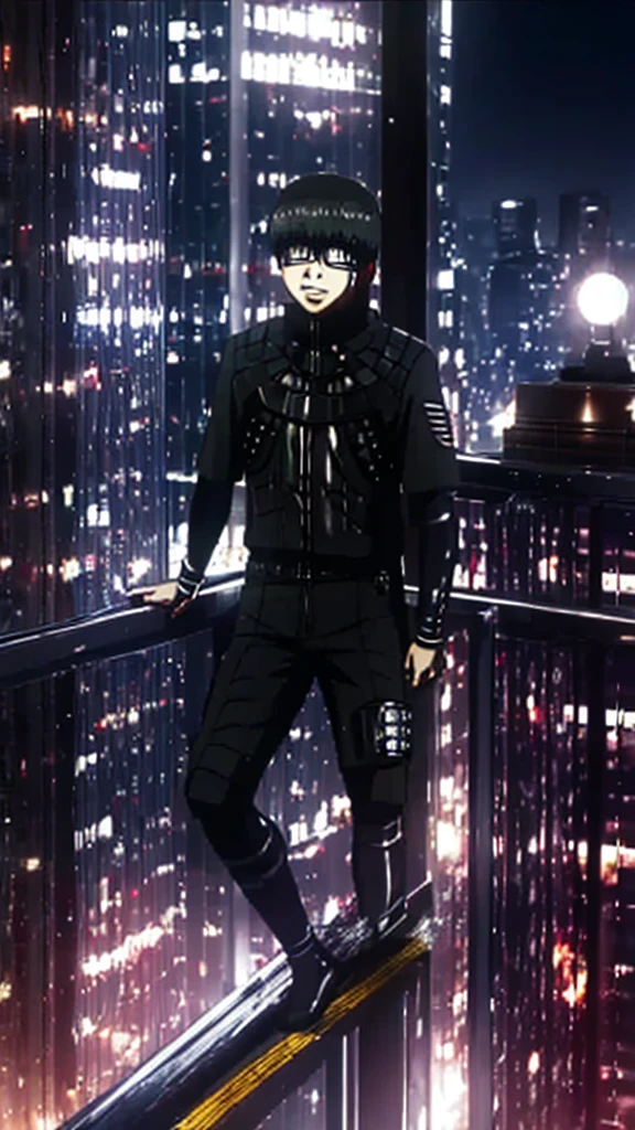 best qualityer, super detaill, work of art, ultra HD, 8K, 1 boy, focus on the boy, whole body, very detailed and flawless, kaneki ken, Tokyo Ghoul, Three Kagunes on the back, on top of a building at night, blood on hands.