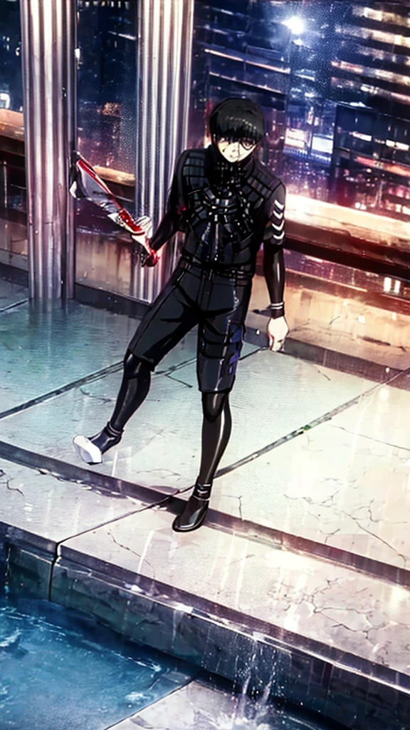 best qualityer, super detaill, work of art, ultra HD, 8K, 1 boy, focus on the boy, whole body, very detailed and flawless, kaneki ken, Tokyo Ghoul, Three Kagunes on the back, on top of a building at night, blood on hands.