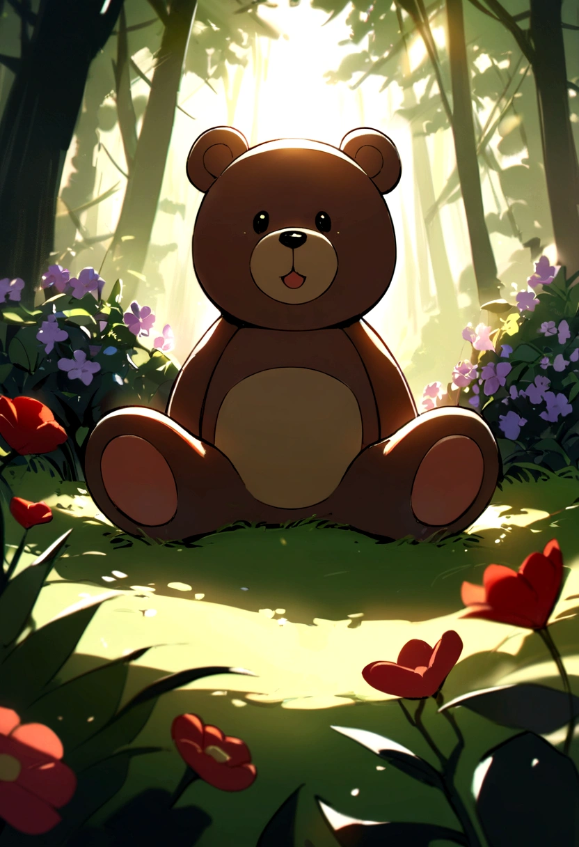 tmasterpiece, A high resolution, A cute cartoon bear, Beautiful forest, Flowers and plants, soft sun light, Sat down, laughingly, Happy, depth of fields, Movie Lighting, up front view, depth of field, Best quality