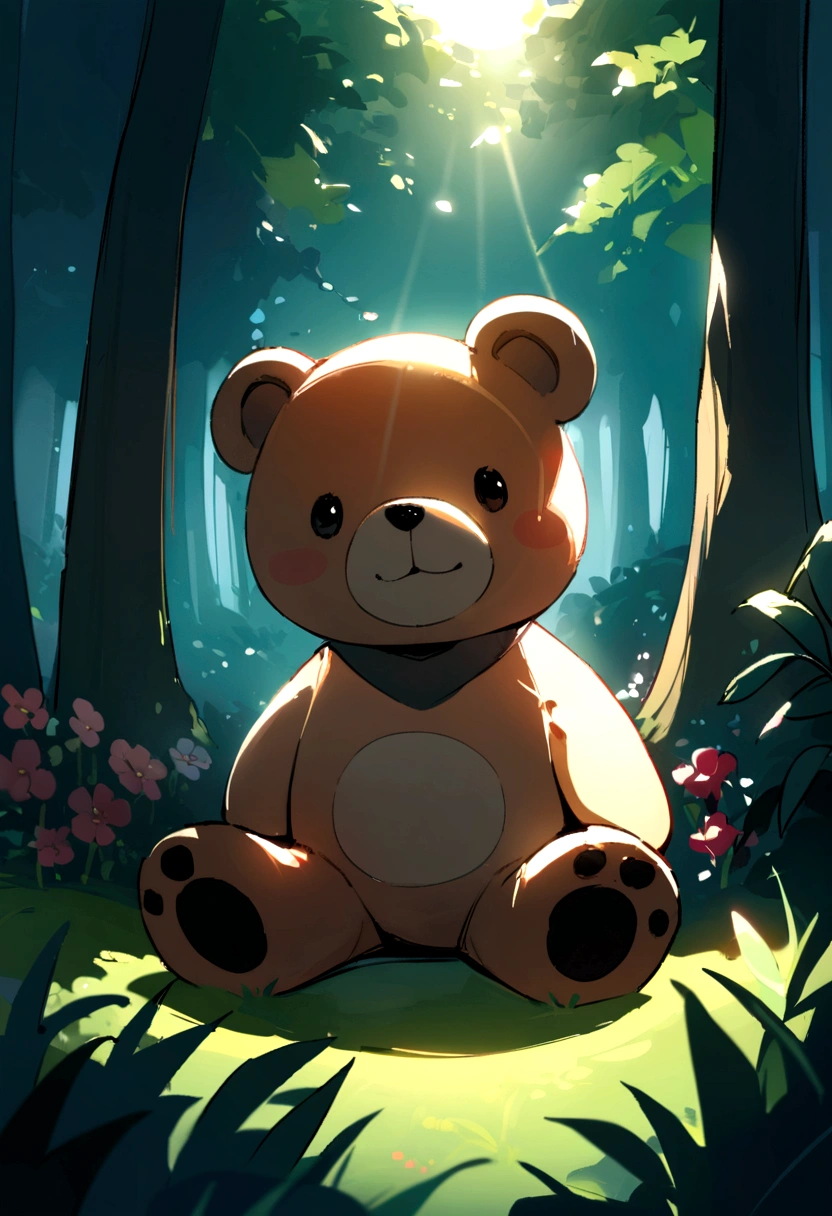 tmasterpiece, A high resolution, A cute cartoon bear, Beautiful forest, Flowers and plants, soft sun light, Sat down, laughingly, Happy, depth of fields, Movie Lighting, up front view, depth of field, Best quality