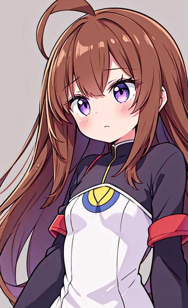 masterpiece,Highest quality,1 Girl,alone,blush with embarrassment,Pokémon-like art style,(bold:1.6),(flat:1.5), King Kong, (Fleet Collection),(Portraiture:1.2), brown_hair, length_hair, Ahoge, purple_eye,