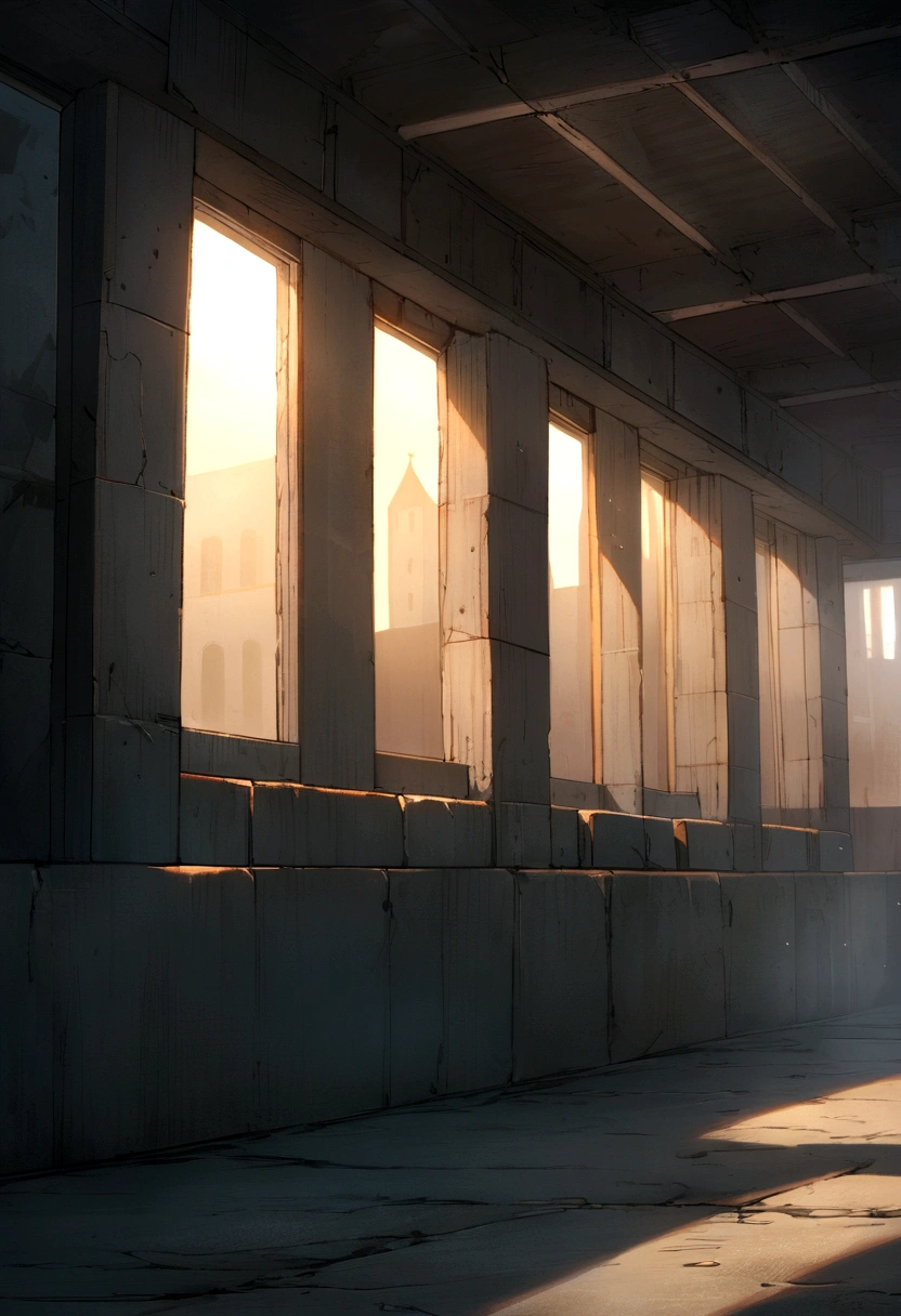 dark and warm brutalist concrete building in fog with warm windows