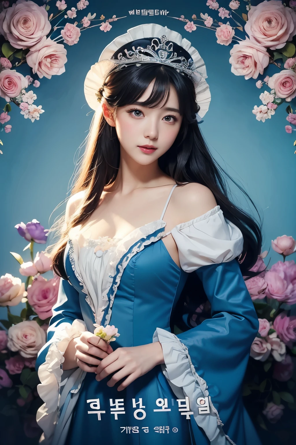Girl wearing blue dress and hat holding flowers, Korean Art Nouveau Animation, light novel cover art, Maid of the Enchanted Forest, Epic Light Novel Art Cover, sleeve cover style, Rococo Queen (Rococo Queen), sleeve cover art, Animation Key Visual Elegant, sleeve cover, manga cover, Portrait of the magical Lolita girl, Japanese light novel cover, manga cover