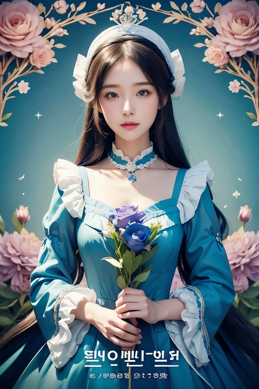 Girl wearing blue dress and hat holding flowers, Korean Art Nouveau Animation, light novel cover art, Maid of the Enchanted Forest, Epic Light Novel Art Cover, sleeve cover style, Rococo Queen (Rococo Queen), sleeve cover art, Animation Key Visual Elegant, sleeve cover, manga cover, Portrait of the magical Lolita girl, Japanese light novel cover, manga cover