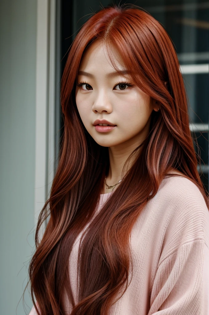 jennie kim from blackpink with long auburn hair