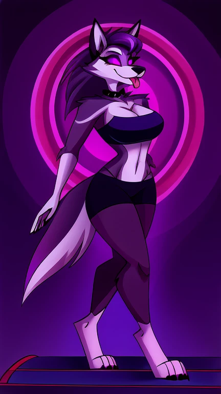 (masterpiece, best quality:1.2), Vortex female hellhound, wolf, furry, helluva boss, hypnotized with completely spyral glowing purple eyes with no irises or pupils,tongue out, walking on a treadmill with arms extended in front like a sleepwalker, full body image, profile picture