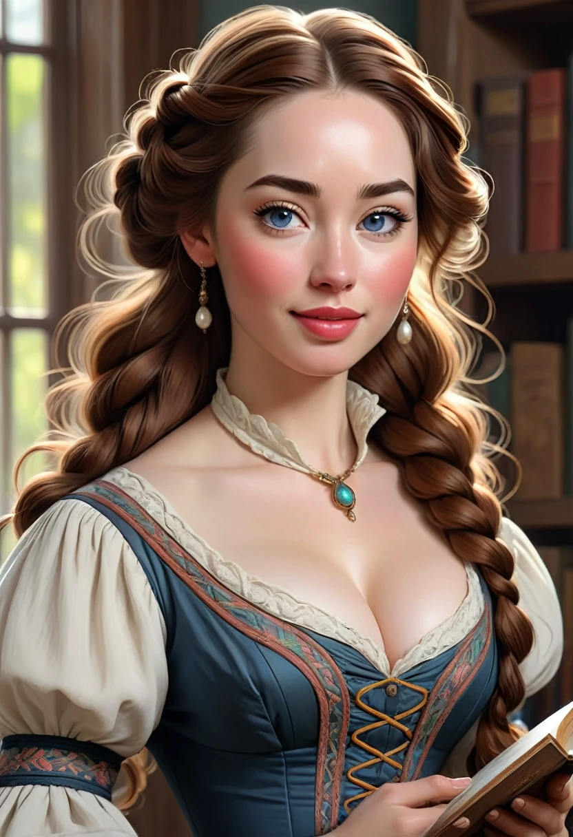 Beautiful Woman, Old West School Teacher, Full Lips, Auburn Hair Intricately But Loosely Braided. Deep_cleavage, Massive Chest. Detailed Beautiful Eyes, Pencil-Thin Waist, Wide Hips. Historically Accurate 1870s Old-West Frontier Dress. With Books. Gorgeous Smile, HourGlass Figure, Official Art, Award Winning Digital Painting, Digital Illustration, Extreme Detail, 4k, Ultra Hd, Rococo, Polished, Intricate, Realistic Fantasy Art, Sharp Focus, Concept Art, Art By Wlop, Artgerm, (2d Vector Illustration) Stunning Combination Anna Popplewell