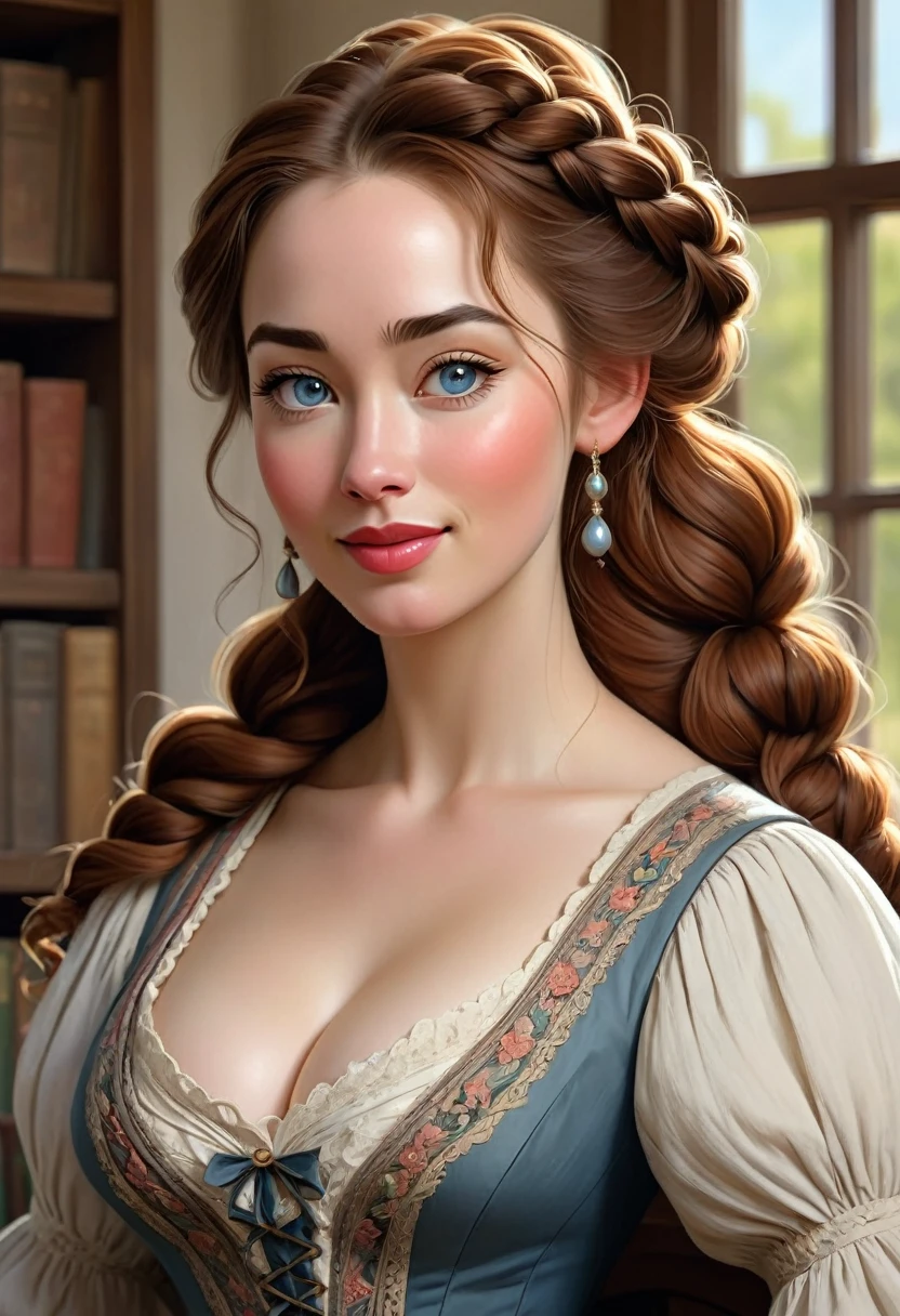 Beautiful Woman, Old West School Teacher, Full Lips, Auburn Hair Intricately But Loosely Braided. Deep_cleavage, Massive Chest. Detailed Beautiful Eyes, Pencil-Thin Waist, Wide Hips. Historically Accurate 1870s Old-West Frontier Dress. With Books. Gorgeous Smile, HourGlass Figure, Official Art, Award Winning Digital Painting, Digital Illustration, Extreme Detail, 4k, Ultra Hd, Rococo, Polished, Intricate, Realistic Fantasy Art, Sharp Focus, Concept Art, Art By Wlop, Artgerm, (2d Vector Illustration) Stunning Combination Anna Popplewell