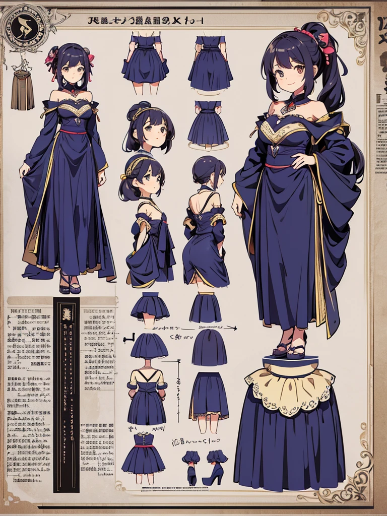 cute, standing lady, three view drawing,character sheet, front and back and side,full body,simple background,idol