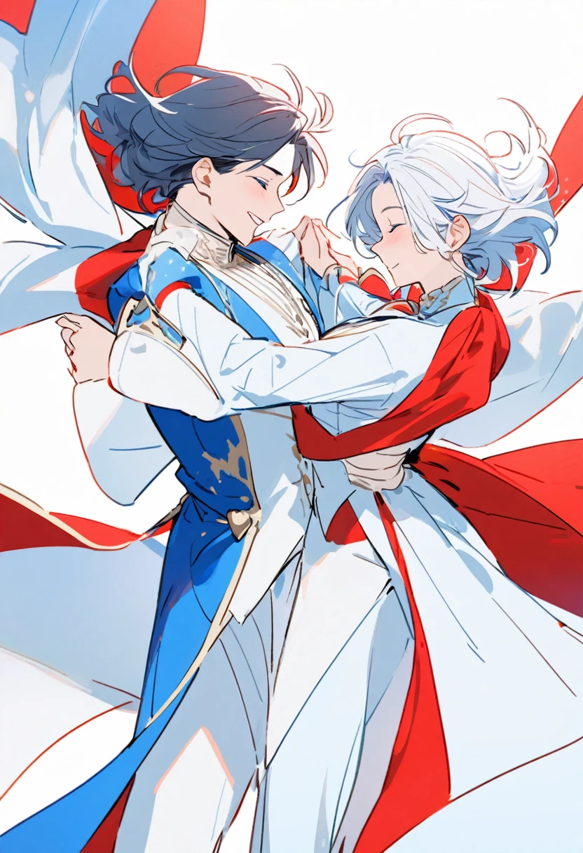 A couple of nobles dancing together , red and blue garments,totally white background