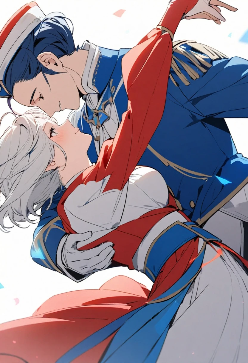 A couple of nobles dancing together , red and blue garments,totally white background