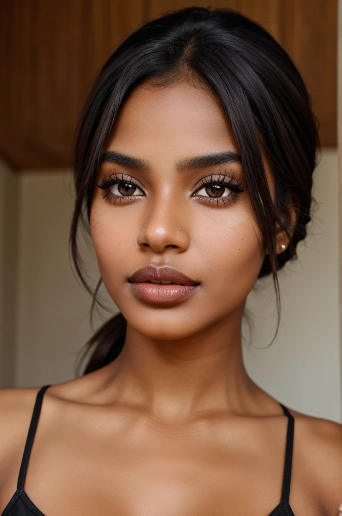 Create a brown girl who have black spot on lips and looks hot
