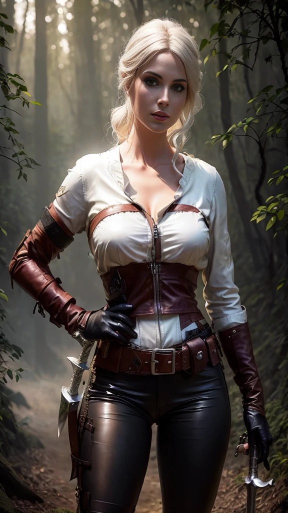Blonde woman in leather jacket posing in woods with sword, feature from the wizard, feature, wizard)), feature holding a cat, mother of wizards, Triss Merigold cosplay, from wizard (2021), wizard, mario as the wizard, forest hunter lady, Carrying a sword on his shoulder, the wizard
