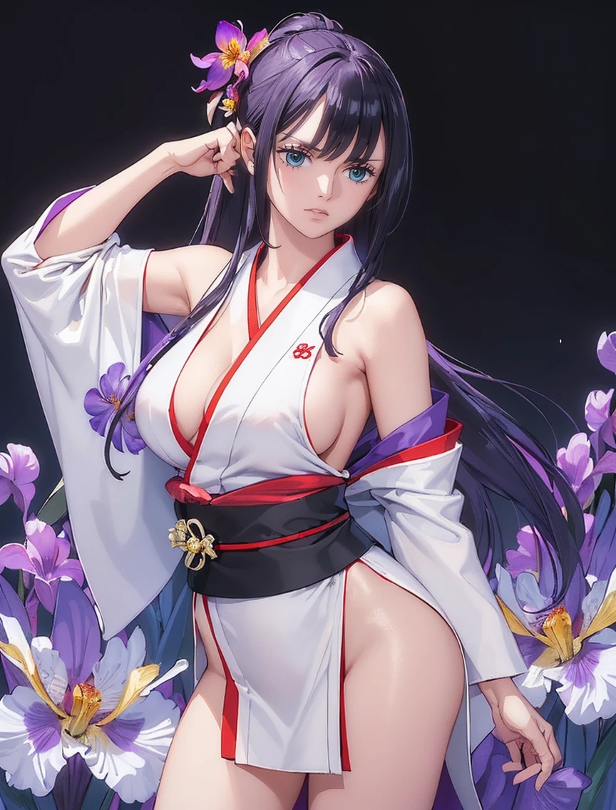 ((((Very nice smile))))、((Direct your gaze this way))、1 girl,NsfW,(one peace wanokuni edition)、((ponytail、Red ribbon on the tie)) 、((they say olobi))、((A very sexy mini kimono　dress with a large slit、(((Kimono obi)))、(((The white kimono is decorated with purple iris flowers)))、((Wearing a black haori with a red lining)),Exposed underboob)):1.2, White costume,((Short costume)),nico robin,(ONEPIECE),((Huge breasts 1.8)), clavicle, Glowing purple eyes,absurdists, brainwashing,Hollow Eyes, ((Expressionless, Emotional removal)),avert your eyes , Full body portrait, Outdoor,Dim Alley,night, (highest quality、4K、8K、High resolution、Must have:1.2)、Very detailed、(reality、It is realistic.、Realistic:1.37)、ticker、hyper HD、Studio Lighting、Ultra High Definition Paint、Sharp focus、Physically Based Rendering、Extreme Detail、Professional specifications、Vibrancy and color、Blurred、Sports portrait、landscape、Horror Style、Anime Big Tits、sf、photograph、Concept Artist、Five Fingers, Perfect body,  {{{masterpiece}}}, {{{highest quality}}}, {{Very detailed}}, {shape}, {{Very delicate and beautiful}},Improved cost performance、all roles、Canon 5D MK4でphotograph、photograph, ((((The back is surrounded by many flowers on the vast grassland、She is centered in the frontal shot、Surrounded by flowers that cover the background、they are、Illuminated by a dazzling light、Heavenly Sunshine))))、(((bright、Mr.々Various kinds、flower、Tropical flower、Flower, not grass、Surrounded by majestic flower fields、The flower&#39;s height exceeds that of the person himself、Bright Morning)))
