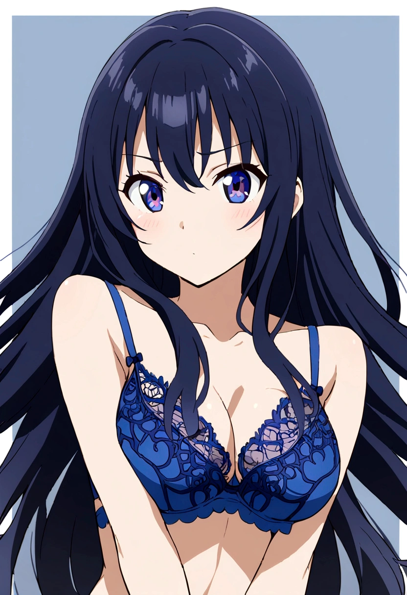 1 girl, upper body, dark blue eyes, long hair, big cheest , dark blue hair,  blue  , anime girl 