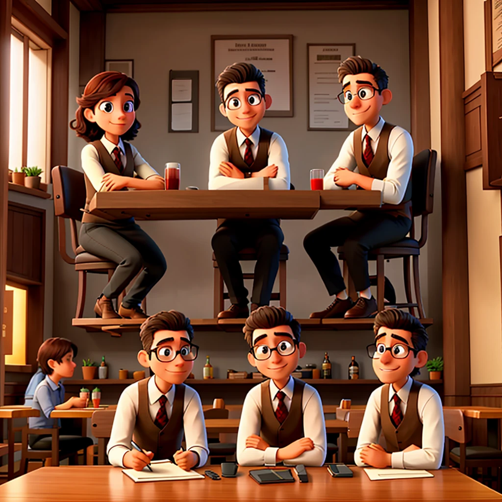 three (only three) Engineers sitting at a table in a restaurant.