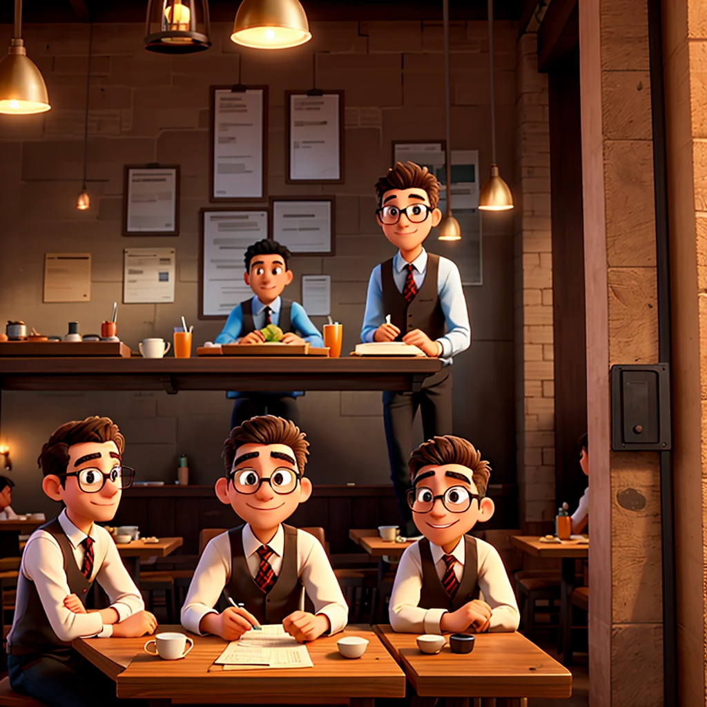 three (only three) Engineers sitting at a table in a restaurant.