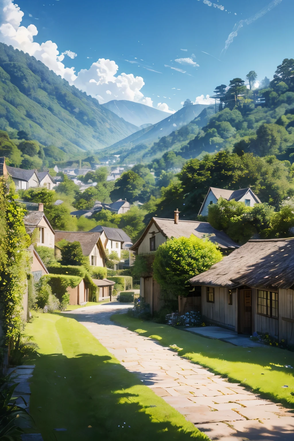 Masterpiece, top-quality creation in an 8K, Pixar-style, full HD image unfolds the enchanting village of Ardenwood, nestled within a verdant valley. Towering ancient oaks, their branches swaying gently in the breeze, grace the landscape along with babbling brooks that meander through the picturesque setting. Quaint houses with thatched rooftops dot the landscape, giving a rustic charm to the village. The serene and idyllic ambiance of the village is captured from a high-angle, bird's-eye view, offering a breathtaking panorama of the entire village. Every detail, from the leaves on the trees to the t