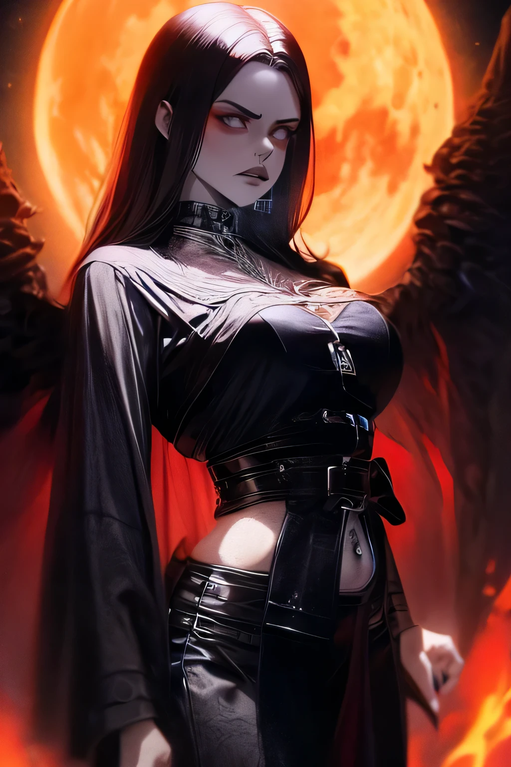 a grim reaper, female, azrael, angel of death, following beautiful woman in robe, medium breasts, slim waist, medium hips, hyper realistic, 8k, masterpiece, oil painting, dramatic lighting, dark moody atmosphere, cinematic composition, gothic horror, dark fantasy, chiaroscuro, dramatic shadows, dramatic colors, nighttime, full moon, red moon, waterfall background. 