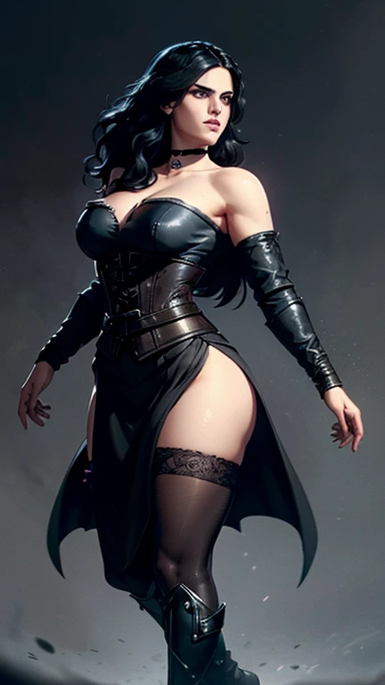 (Katie McGrath face), Generate an illustration of a young (Yennefer of Vengerberg), of Witcher 3,  hair combed to sides, layered haircut, de terno preto, long hair flows to her back, hair flows straight down, black hair, Ultrarealistic Violet eyes, both eyes are similar, (big round breasts), deep cleavage, Ultrarealistic juicy round ass, thick thighs, black Corset outfit in anime format with a serious style, ((black strapless dress)), Ruby black velvet choker, grey tights, black boots, gothic make up, masterpiece, ((dark lighting)), black background, puffy lips,slendered toned abs, beautiful face