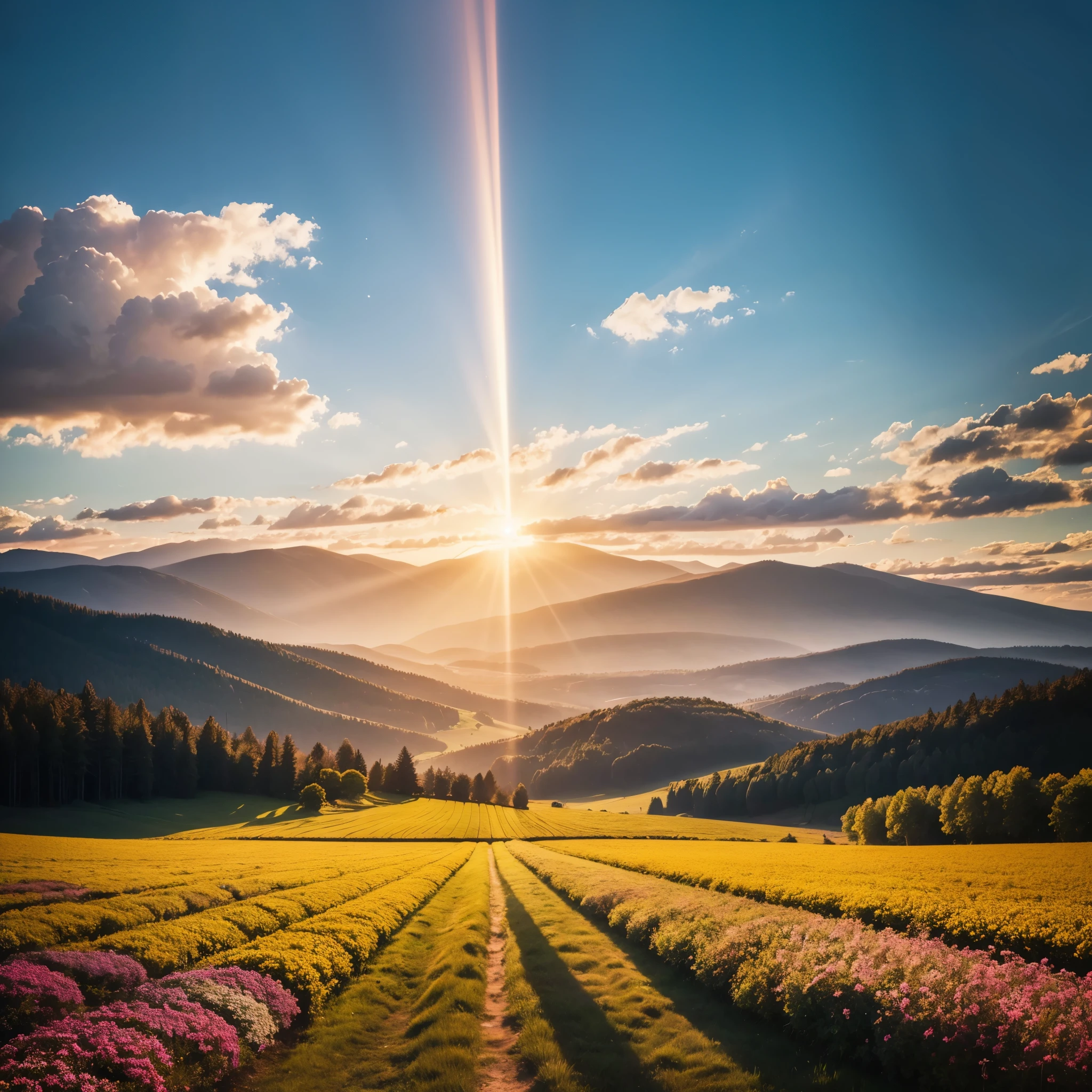 "Create an image that represents the concept of divine restoration. Showcase a vibrant and renewed landscape, with elements that suggest transformation and improvement. Include a soft celestial light that illuminates the scene, symbolizing the presence of God. a beautiful instagram size field