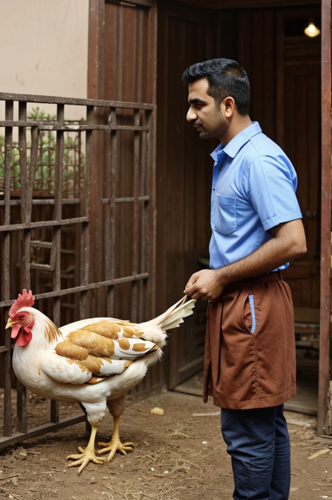 Nazir talking to the chicken in a serious manner, the chicken looking confused