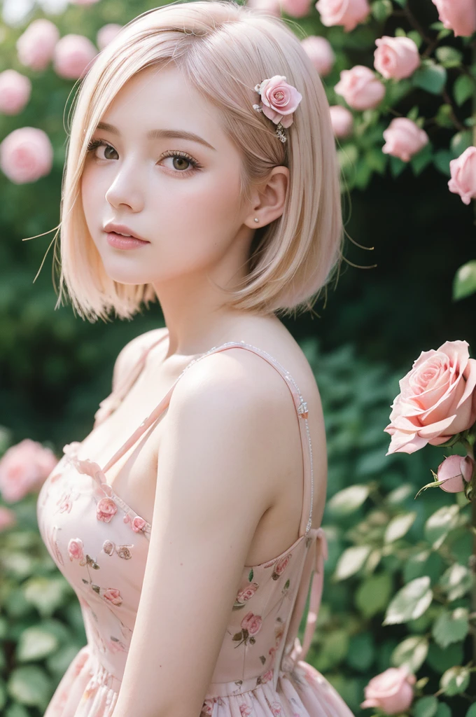 8K, RAW Photos, Fujifilm, Avril-like style photo of a beautiful young woman in a garden of pale pink roses (Highly detailed skin: 1.2) Style Petal Break Short Hair, Blonde and colored hair, Wearing a dress, Film Granulation, 35mm, Cute Style