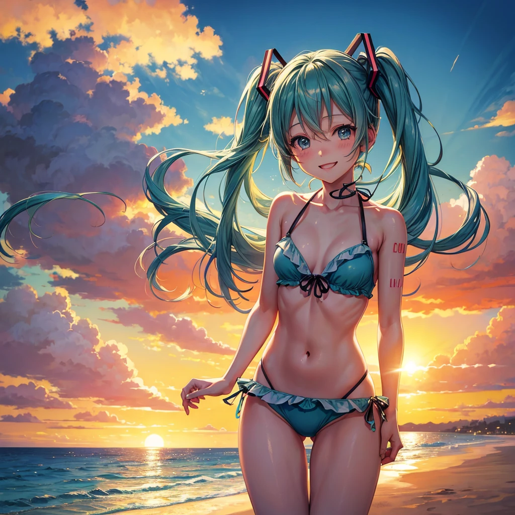 Hatsune miku, 1girl, Masterpiece, beach, sunset, smile, bikini