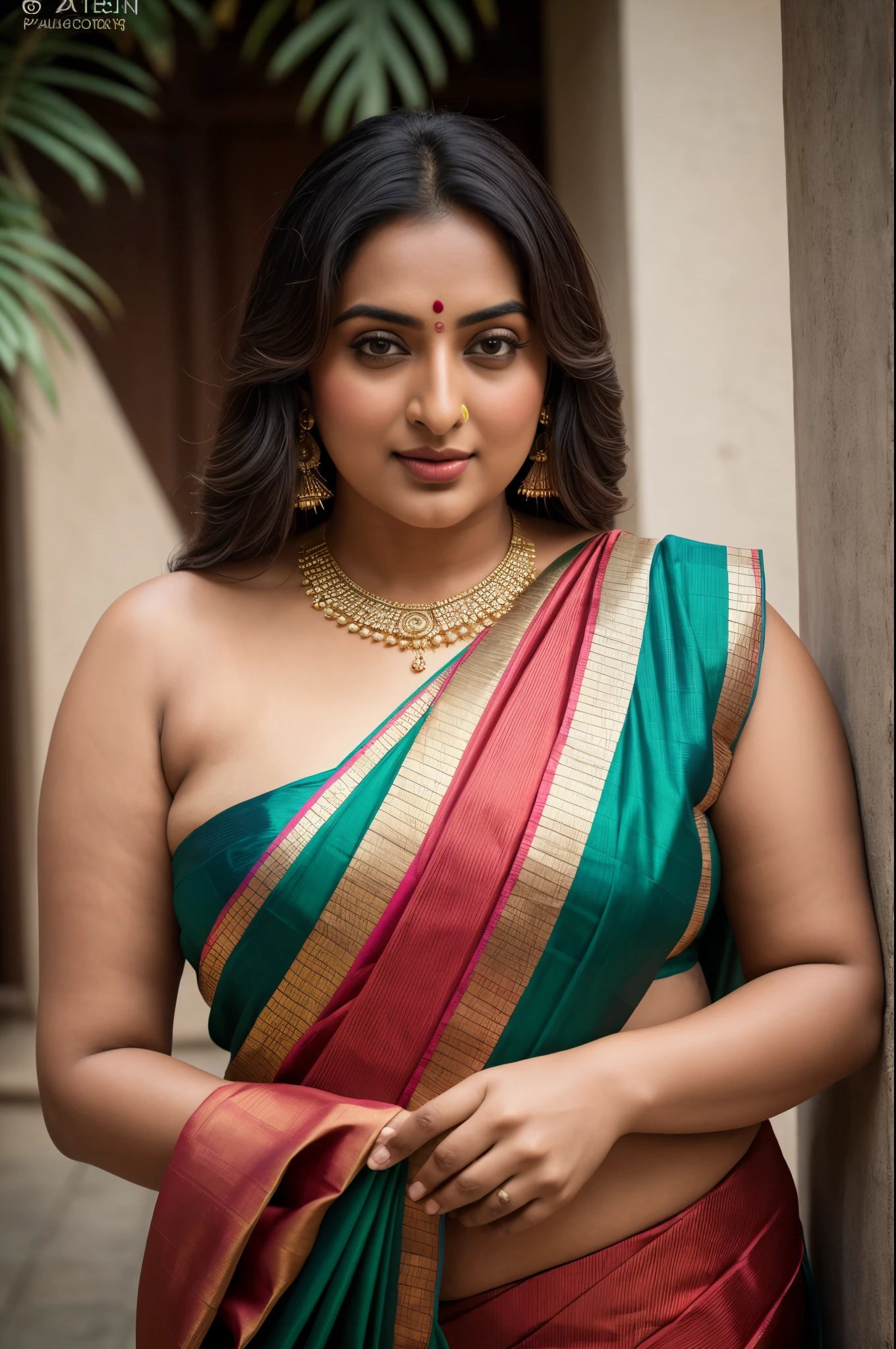 Foto RAW, photorealistic, photography, full body shot, master shot, perfect eyes, goddess like beauty, pierced eyes, perfect thick chubby mallu Desi aunty bhabhi, Wearing a Stanapatta, a chest-band.Saree model, model Photography, Indian saree shoot, Indian traditional wear advertising photography, traditional wear brand shoot, face of Indian actress Sonakshi Sinha, masterpiece, realistic, realism, incredible details, pleasure, photorealism, detailed skin, skin pores, high contrast, photorealistic Artstation 8k HD digital art trend of high definition and detailed realistic skin texture, ultra detail, realistic skin texture, armature, best quality, ultra high definition, (photorealistic:1.4),, high resolution, detail, raw photo, sweat, Re sharp, by Lee Jefferies Nikon D850 Film Stock Photo 4 Kodak Portra 400 Camera F1.6 Lens Rich Color Ultra Real Realistic Realistic Textures Dramatic Lighting Unreal Engine Trending at Art Station Cinestill 800,(pele altamente detalhada: 1.2), 8k UHD, DSLR, soft-lighting, alta qualidade, grain of film, Fujifilm XT3,she didn't like to wear blouse or bra, she is happy to wear only saree, she hates blouse or bra, detailed hairy armpits, hyper realistic skin, skin pores, sweat, veins,