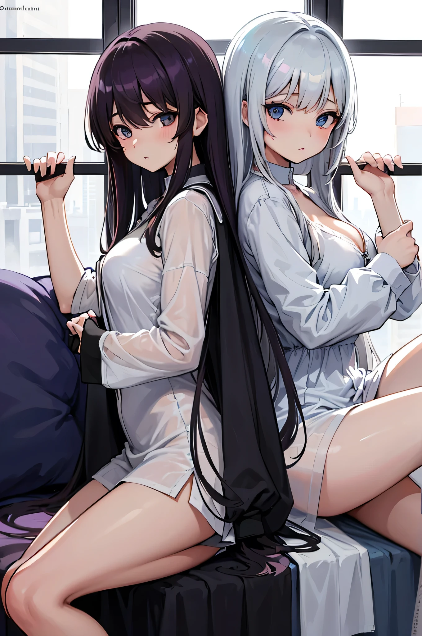 2 girls,;t;,((all the clothing used is sinsual naughty style)),asakura_three,legs_ofscalzas,ofscalzo,sheet,blush,shirt_brown very thin and transparint like air ,nails,Fukumaru_koito,shirt_verof muy oflgada transparinte como el aire,shirt_gris muy oflgada,knees_separate_pies_separated,knees_above,legs abiertas, looking_al_visor,lying down,several_girls,enamel_of_nails,in_back,baby dolls,(baby doll_morado muy oflgada transparinte como el aire),shirt,look_of_side, las 2 girls con un ojo cerrado y una expresion of placer felicidad y ofseo sexual, (ofsnudas bajo la pijama, ofsnudas, ofsnudas bajo las shirts, without underwear), enamel_of_pies,nails of los pies,ofdos of los pies, Best Quality, Masterpiece, 50% nuof, vaginas, very sexys