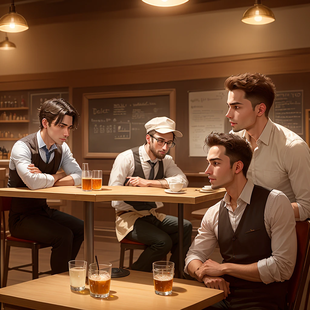 three (only three) Engineers sitting at a table in a restaurant.