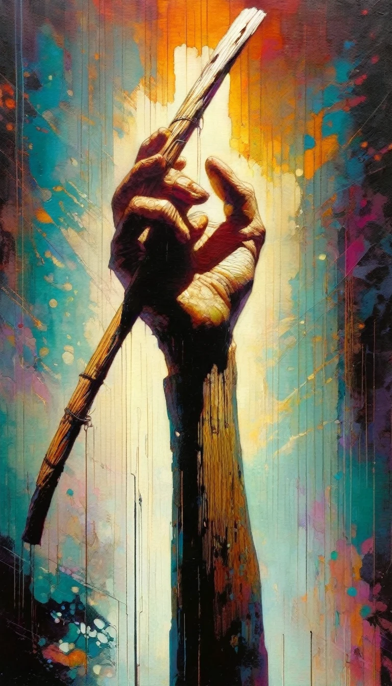 a hand holds a big fat cut wooden stick (art inspired by Bill Sienkiewicz, intricate details, oil painting)