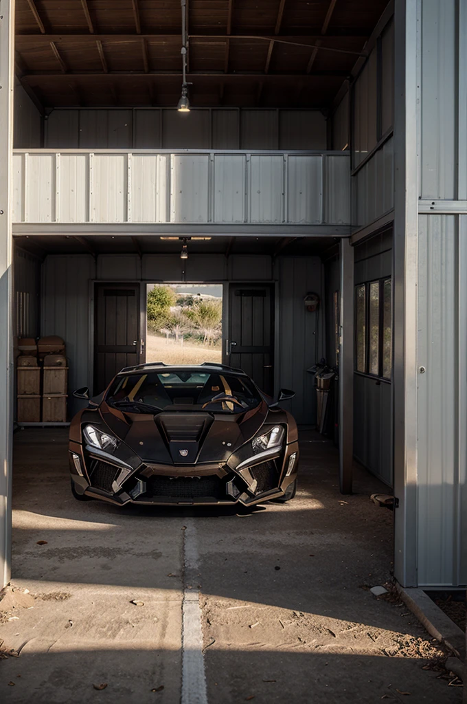 create realistic image of the Lykan Hypersport in a shed