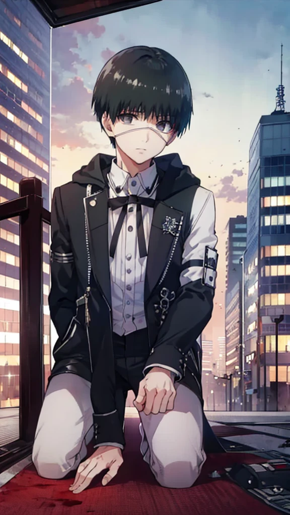 best qualityer, super detaill, work of art, ultra HD, 8K, 1 boy, focus on the boy, whole body, very detailed and flawless, kaneki ken, Tokyo Ghoul, on top of a building at night, blood on hands.