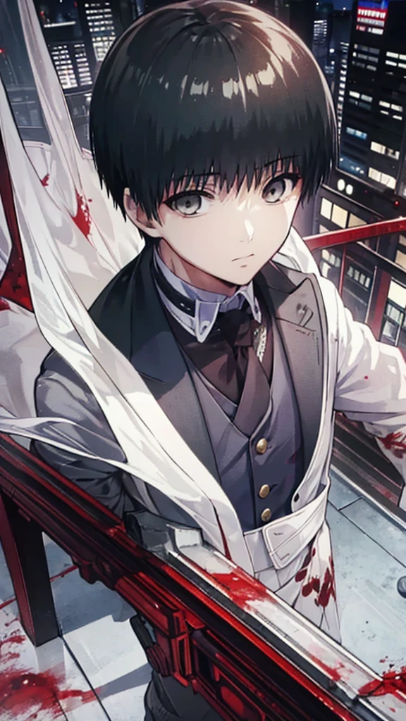 best qualityer, super detaill, work of art, ultra HD, 8K, 1 boy, focus on the boy, whole body, very detailed and flawless, kaneki ken, Tokyo Ghoul, on top of a building at night, blood on hands.