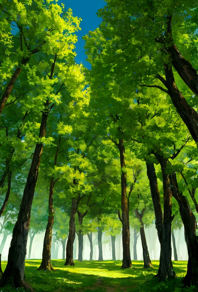 A magical green forest,  you can see a lot of trees and behind them a big explosion