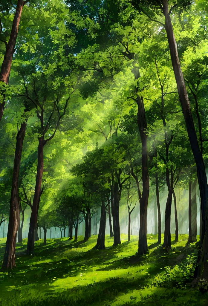 A magical green forest,  you can see a lot of trees and behind them a big explosion