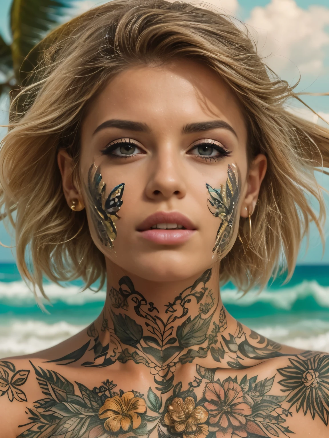 a gorgeous european woman, 23 years old, body covered by beautiful tattoos, outside on a pristine Caribbean beach, (Best quality, 4k, 8k, highres, Masterpiece: 1.2), ultra-detailed, (realistic, photorealistic, photo-realistic: 1.37), captivating eyes filled with depth, beautifully defined lips, extraordinarily detailed eyes and facial features accentuated by long eyelashes, detailed body tattoos that tell a story, tropical beach scenery framed by ocean waves, with a golden sandy beach and swaying coconut palm trees, warm sunlight filter. Extra large breast.
