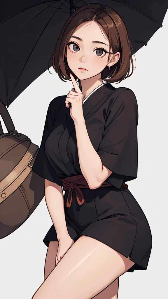 (((masterpiece, best quality, ultra highres, 1 girl, solo, no background))), super detailed skin and face and eyes and finger, beautiful japanese woman, small :1.5, skinny, light brown hair, white background, very short hair, (an illustration of girl), Knee shot, Generate with illustrations, Various expressions, Various poses, Various Costumes, 
