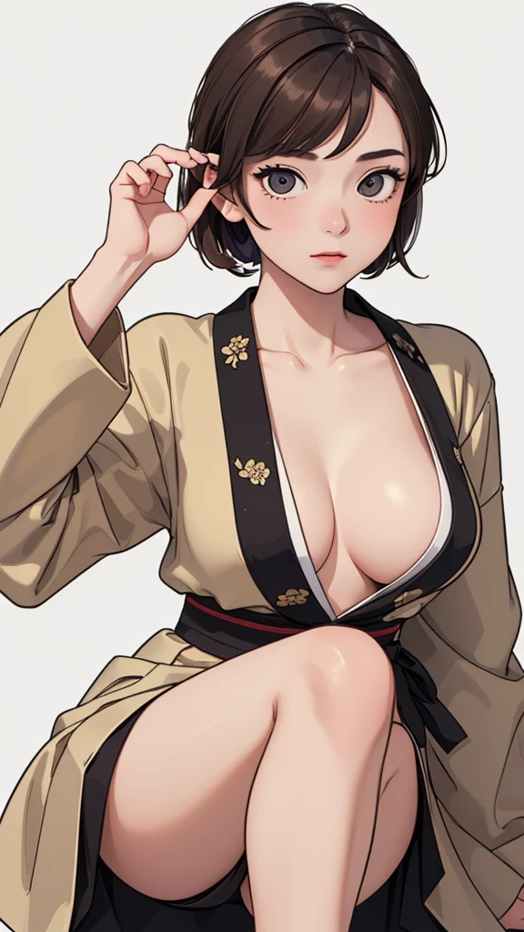 (((masterpiece, best quality, ultra highres, 1 girl, solo, no background))), super detailed skin and face and eyes and finger, beautiful japanese woman, small breasts:1.5, skinny, light brown hair, white background, very short hair, (an illustration of girl), Knee shot, Generate with illustrations, Various expressions, Various poses, Various Costumes, 