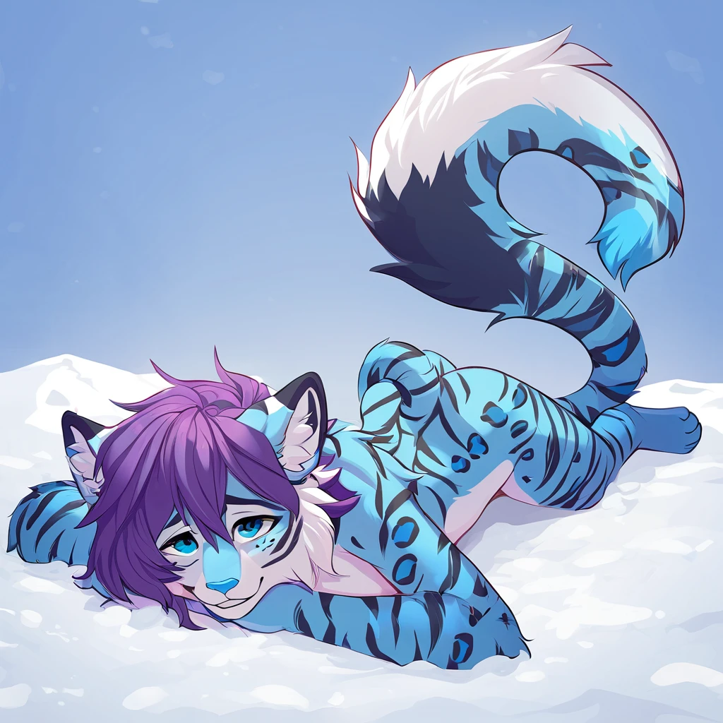 adult, feline, mammal, anthro, anthropomorphic, snow, leopard, striped_feline, fur, furred_anthro, fluffy_tail, femboy, male, bangs, ear_tufts, blue_nose, paws, hair_tuft, hair_between_eyes, long_tail, fluffy, feline_ears, expressive_eyes, purple hair, light, looking_at_viewer, legs, legs_visible, thighs, blue_paws, paws, blue_fur, shy, small_pupils, spotted_pattern, stripes, tail, tail_connected_to_body, tiger_stripes, digital_art, high_resolution, high_res, teal_blue_background fit, posing, laying_down