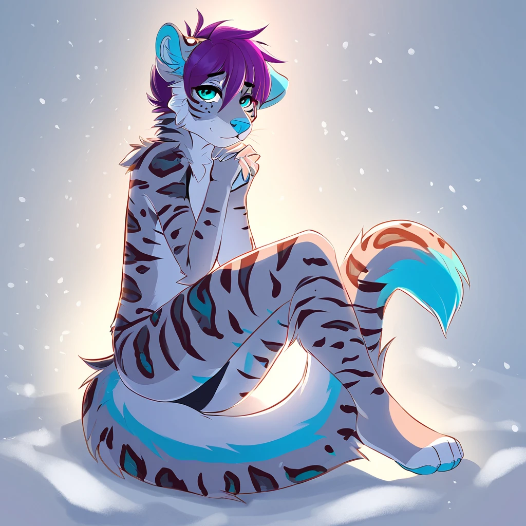 adult, feline, mammal, anthro, anthropomorphic, snow, leopard, striped_feline, fur, furred_anthro, fluffy_tail, femboy, male, bangs, ear_tufts, blue_nose, paws, hair_tuft, hair_between_eyes, long_tail, fluffy, feline_ears, expressive_eyes, purple hair, light, looking_at_viewer, legs, legs_visible, thighs, blue_paws, paws, blue_fur, shy, small_pupils, spotted_pattern, stripes, tail, tail_connected_to_body, tiger_stripes, digital_art, high_resolution, high_res, teal_blue_background fit, posing, laying_down